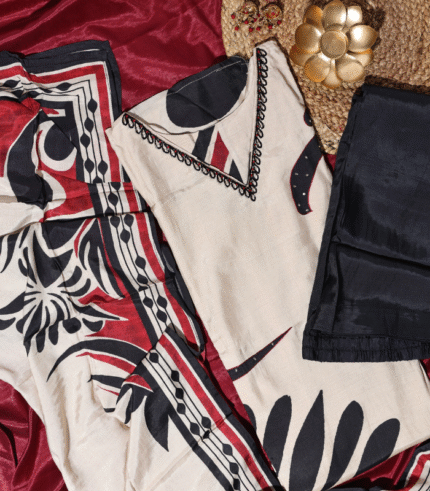 MUSLIN RED & BEIGE STICHED SUIT