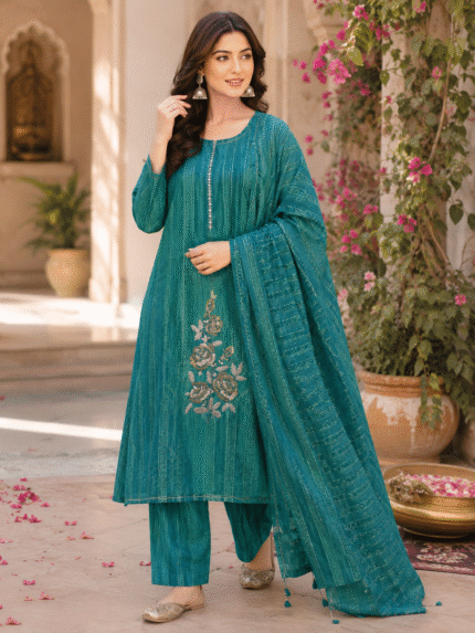 Premium Teal Green Crush Tissue Georgette Ombre Bandhani Unstitched Suit Set with Embroidered Kurta & Kiran Lace Dupatta