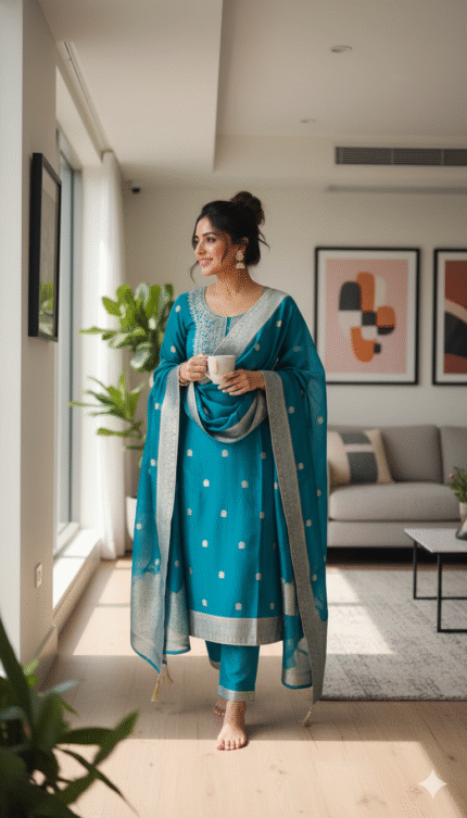 Blue Color Pure Chanderi Unstiched Suits With Banarsi Weaving