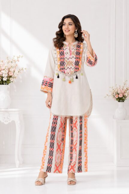 Women's Off-White Embroidery Cotton Cord Set | Designer Ethnic Co-Ord Set with Tassel Details