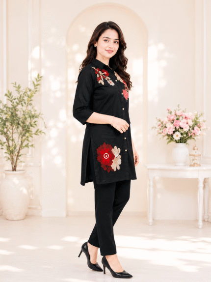 Women Black Floral Embroidered Kurta Pant Set