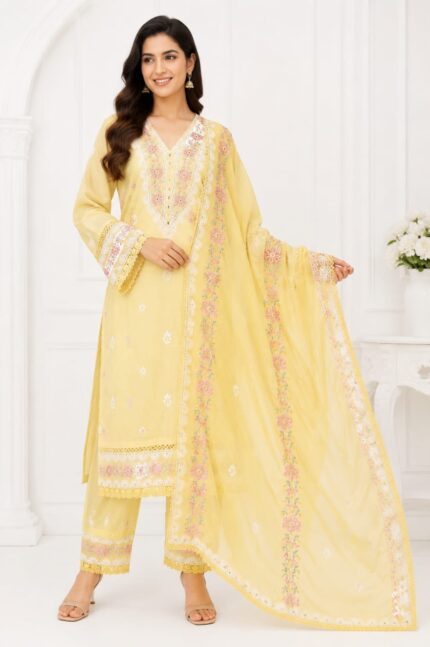 Women’s Embroidered Straight Kurta Pant Set with Dupatta – Pastel Yellow