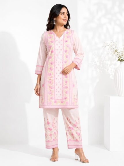 Women’s Floral Printed Kurta Pant Set – Baby Pink