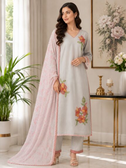 Women’s Floral Embroidered Straight Kurta Pant Set with Organza Dupatta – Powder Blue & Pink
