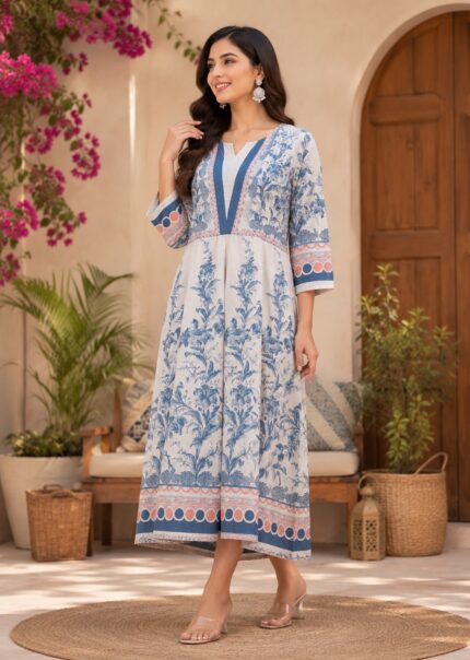 Women’s Floral Printed Anarkali Dress – White & Blue [Pure Cotton]
