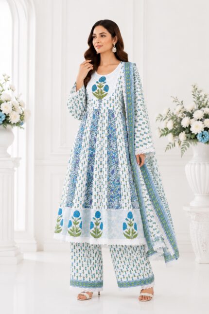 Women’s Floral Printed Anarkali Kurta Pant Set with Dupatta (Mul Cotton) – White & Blue