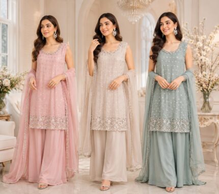 Women’s Sequence embriodery Sleeveless A-Line Kurta Palazzo Set with Dupatta – Pastel Collection