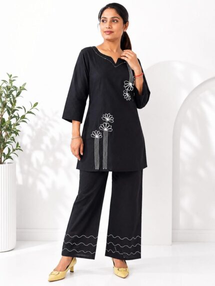 Women’s Black Embroidered Co-ord Set with Palazzo Pants