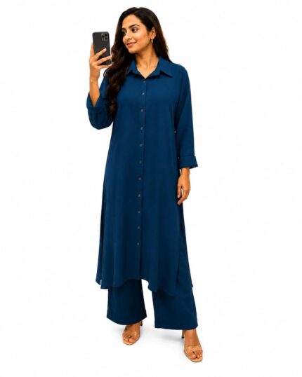 Women’s Solid Shirt Style Co-ord Set with Palazzo Pants – Navy Blue