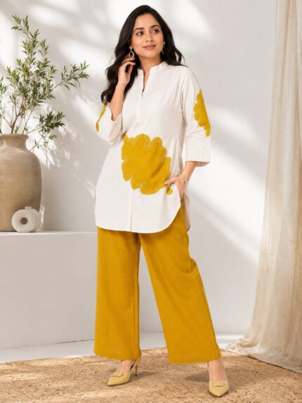 Women’s White & Mustard Yellow Co-Ord Set with Wide Leg Pants