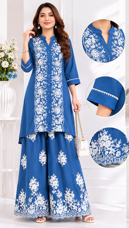 Royal Blue Floral Embroidered Kurta Palazzo Set